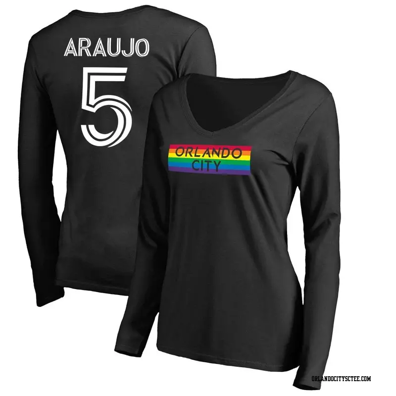 Women's Orlando City SC ＃5 César Araujo Black Name & Number Pride Wordmark V-Neck Long Sleeve T-Shirt