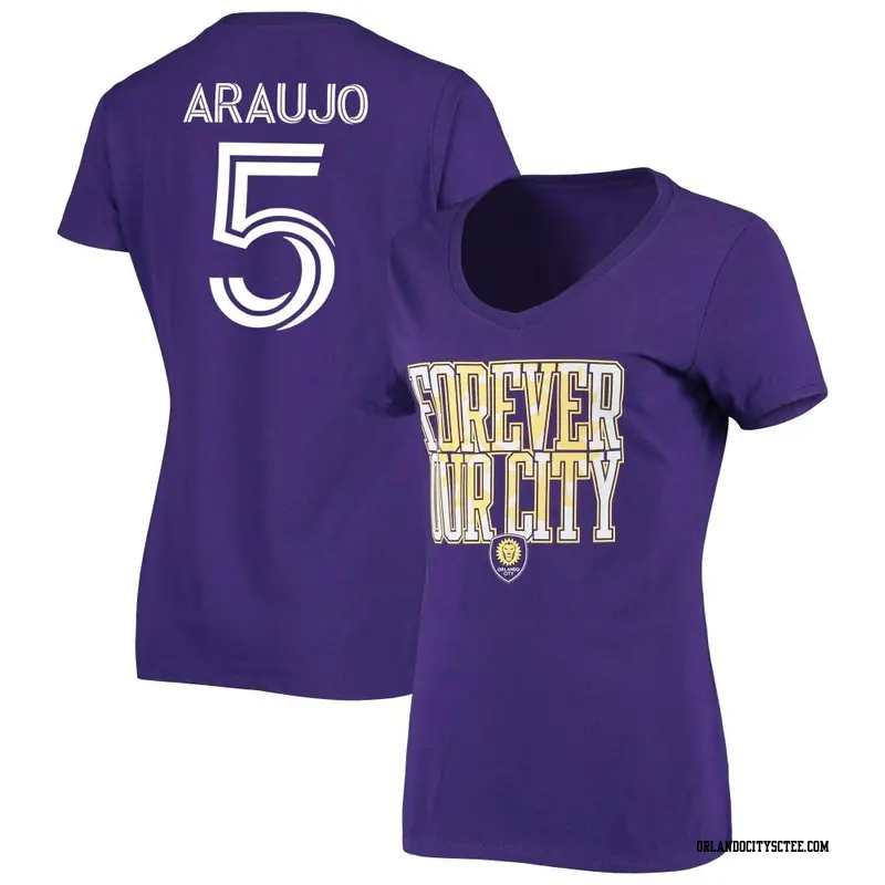 Women's Orlando City SC ＃5 César Araujo Purple Name & Number Forever City V-Neck T-Shirt