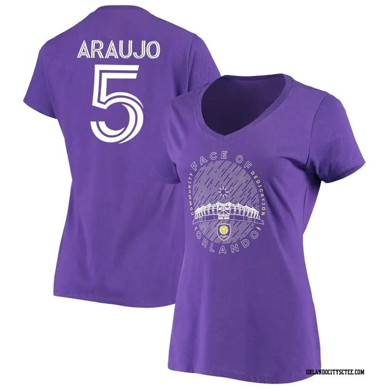Women's Orlando City SC ＃5 César Araujo Purple Name & Number Grupo V-Neck T-Shirt