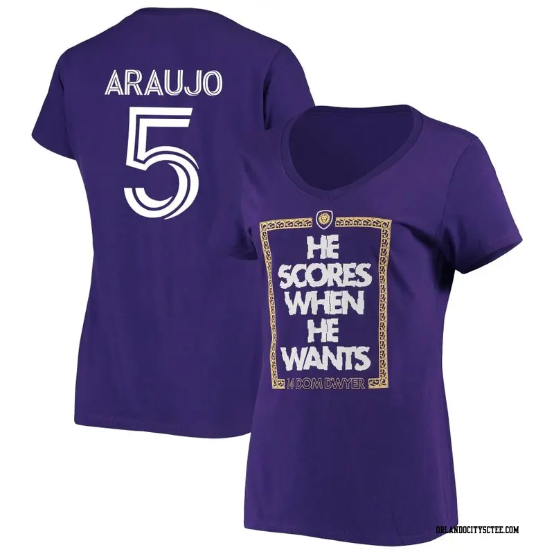 Women's Orlando City SC ＃5 César Araujo Purple Name & Number Want Score V-Neck T-Shirt