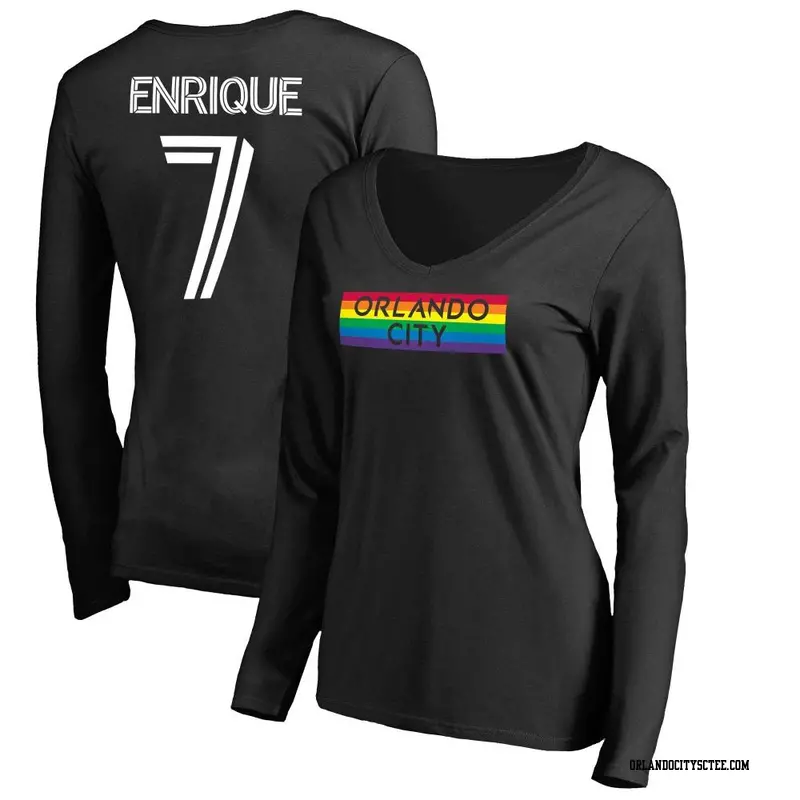 Women's Orlando City SC ＃7 Ramiro Enrique Black Name & Number Pride Wordmark V-Neck Long Sleeve T-Shirt