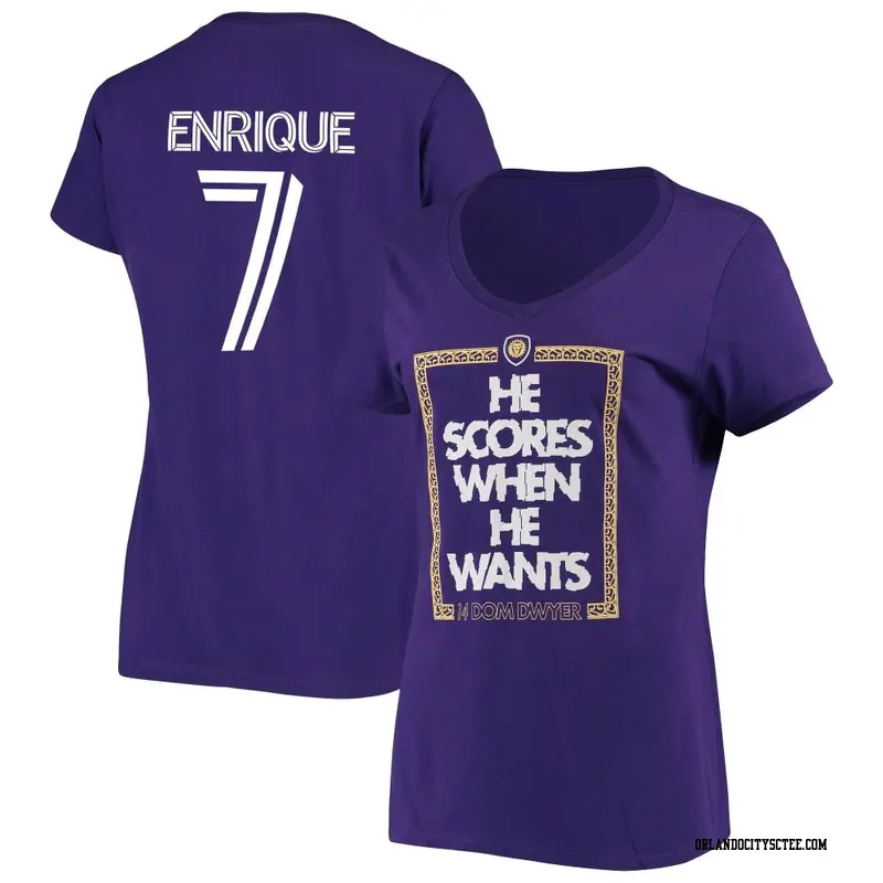 Women's Orlando City SC ＃7 Ramiro Enrique Purple Name & Number Want Score V-Neck T-Shirt