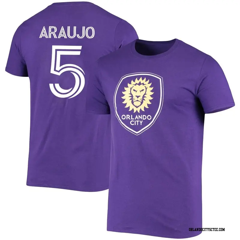 Youth Orlando City SC ＃5 César Araujo Purple Name & Number Stack T-Shirt